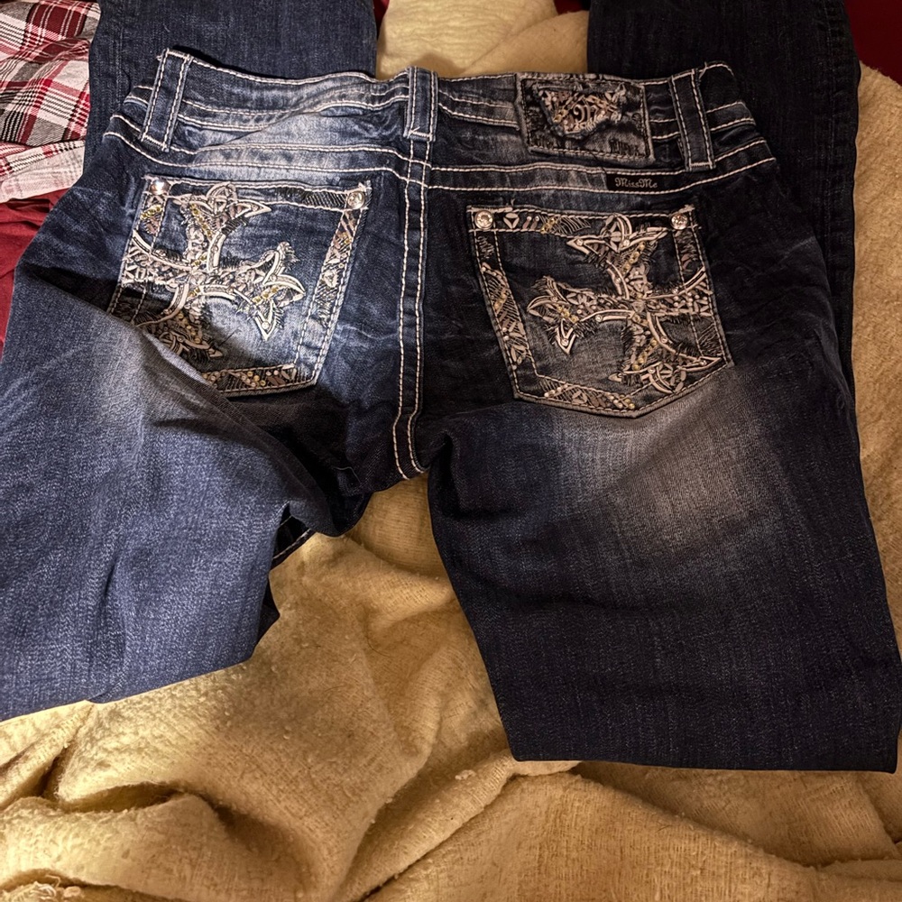 Miss Me Dark Blue Boot Cut Jeans with Embellished Pockets